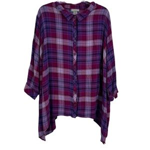 Catherines Button Up Top Womens Plus Size 4X Flannel Purple Plaid 3/4 Sleeve